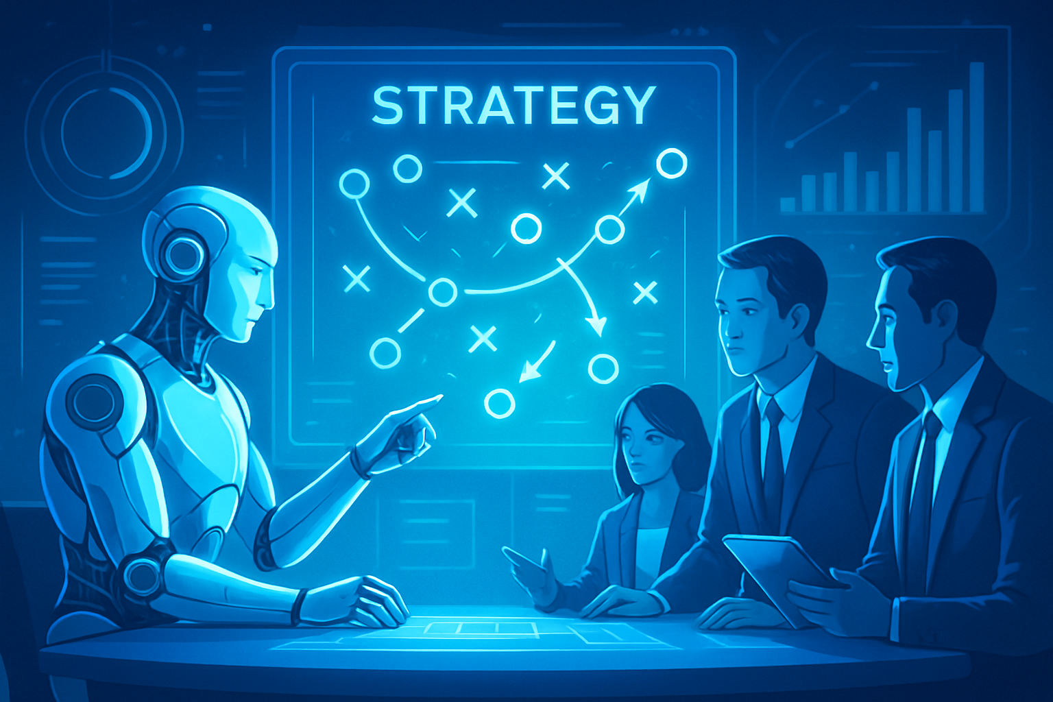 AIと人間が協力して戦略を練っている様子のイラスト