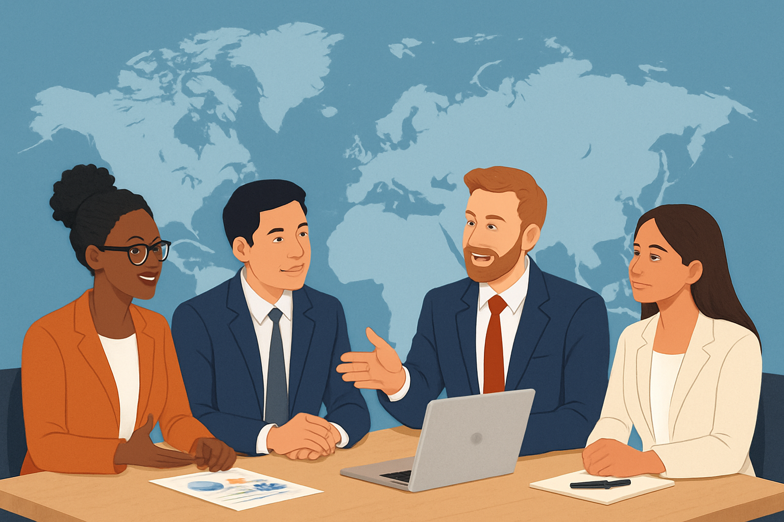 世界地図を背景に、グローバルなビジネス戦略を議論する多国籍チームのイラスト