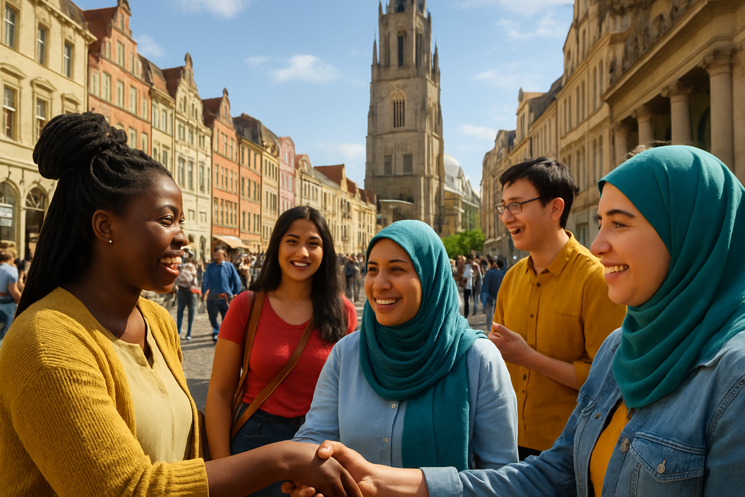 欧州の街並みと多様な人々が共存するイメージ