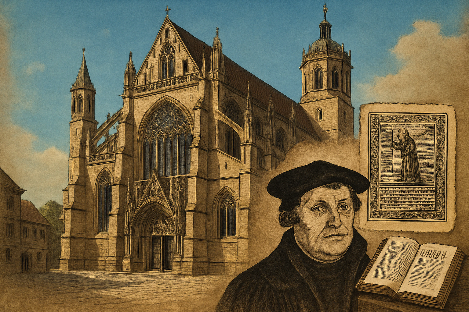 教会や歴史的建造物の画像、宗教改革のイメージ図