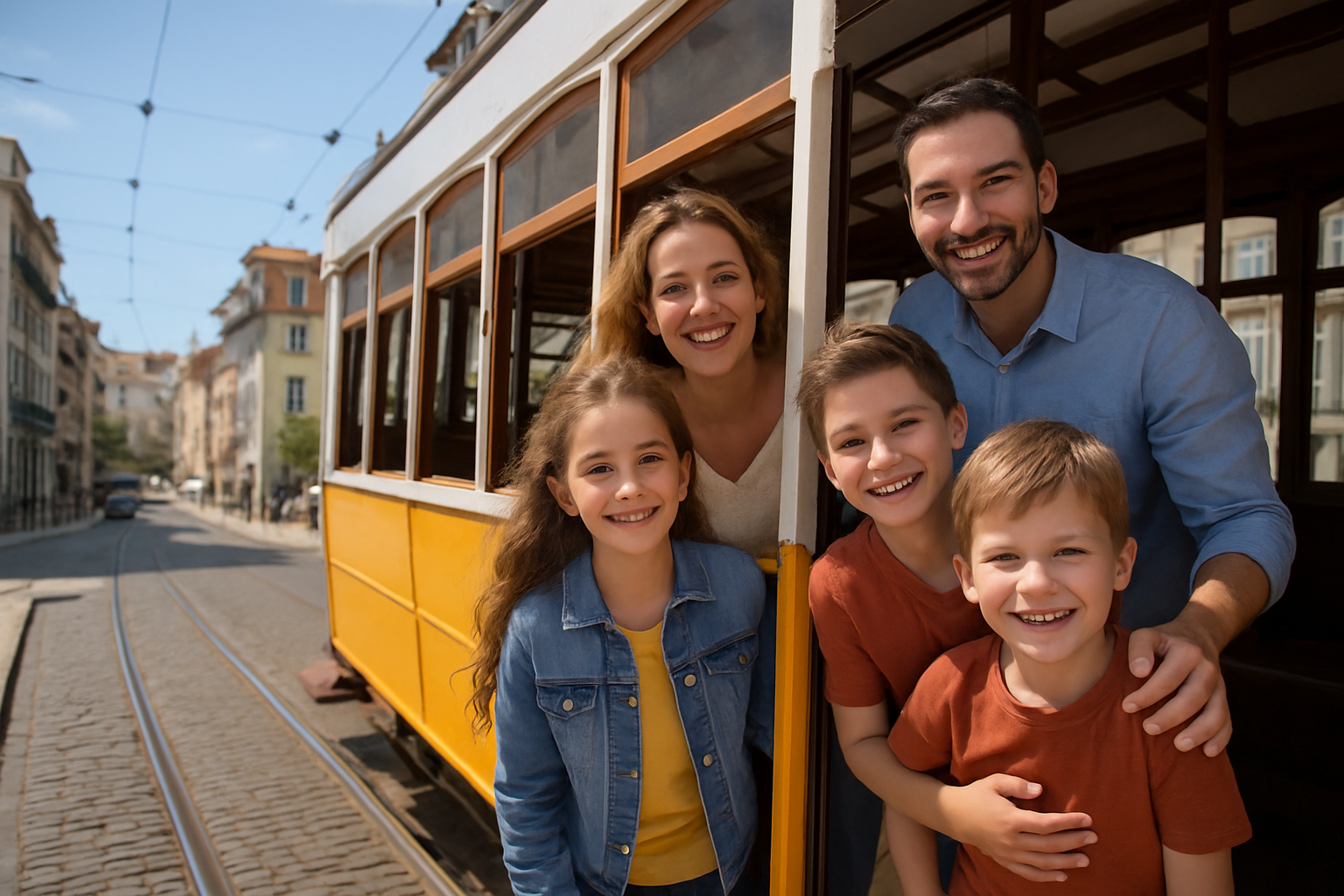 リスボンの路面電車に乗る家族