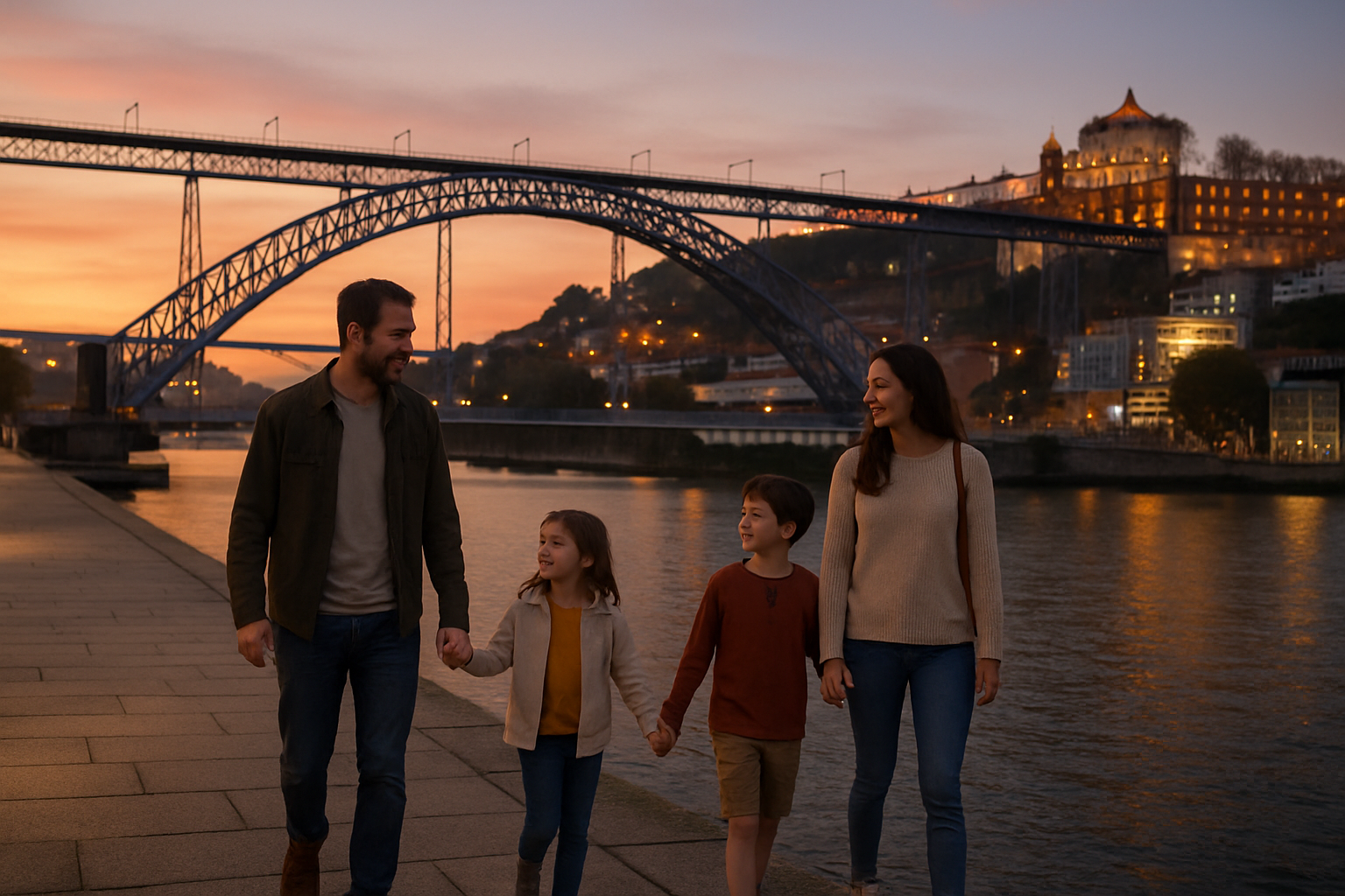 ポルトのドウロ川沿いを散歩する家族