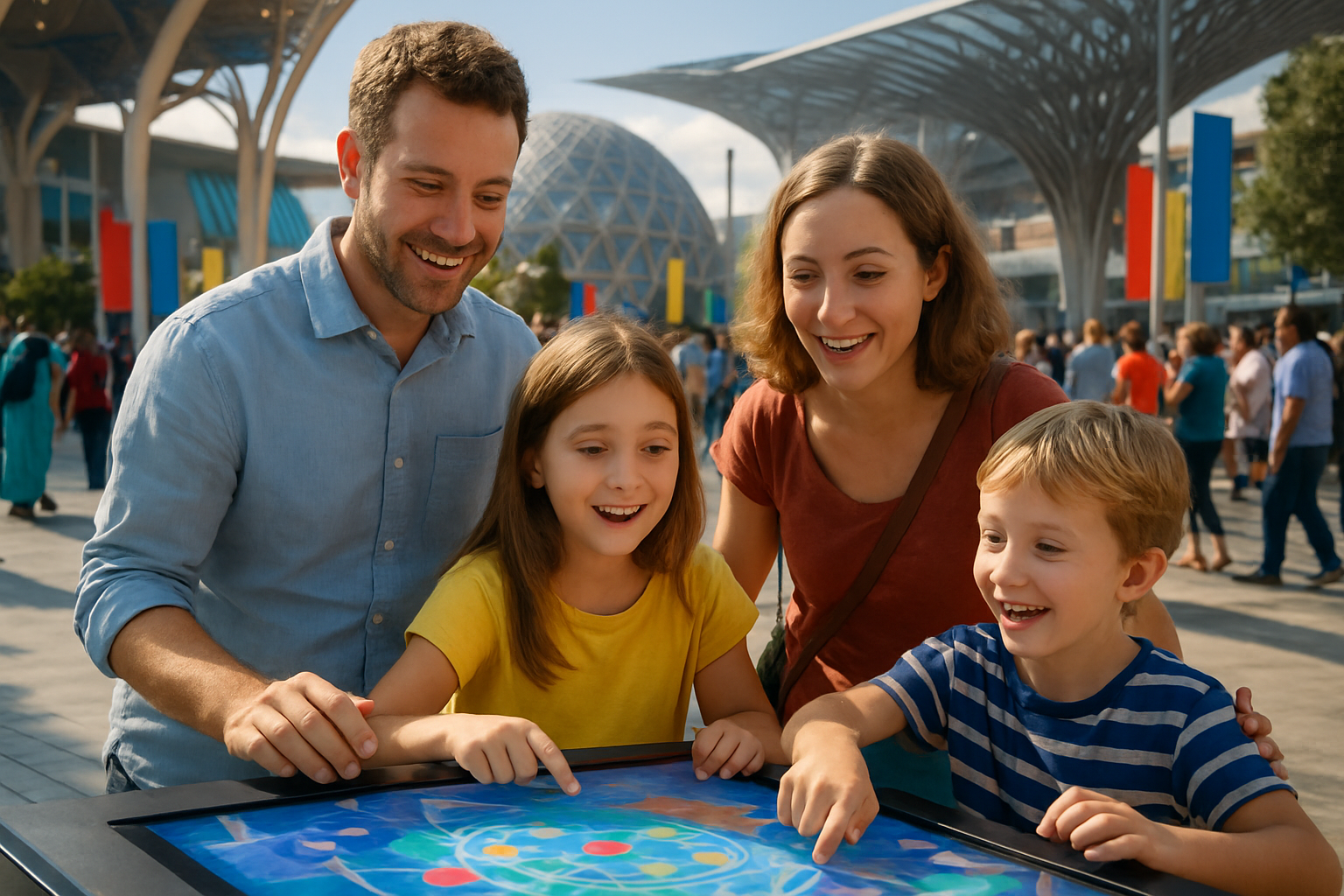 家族連れの駐在員が万博を楽しむ様子