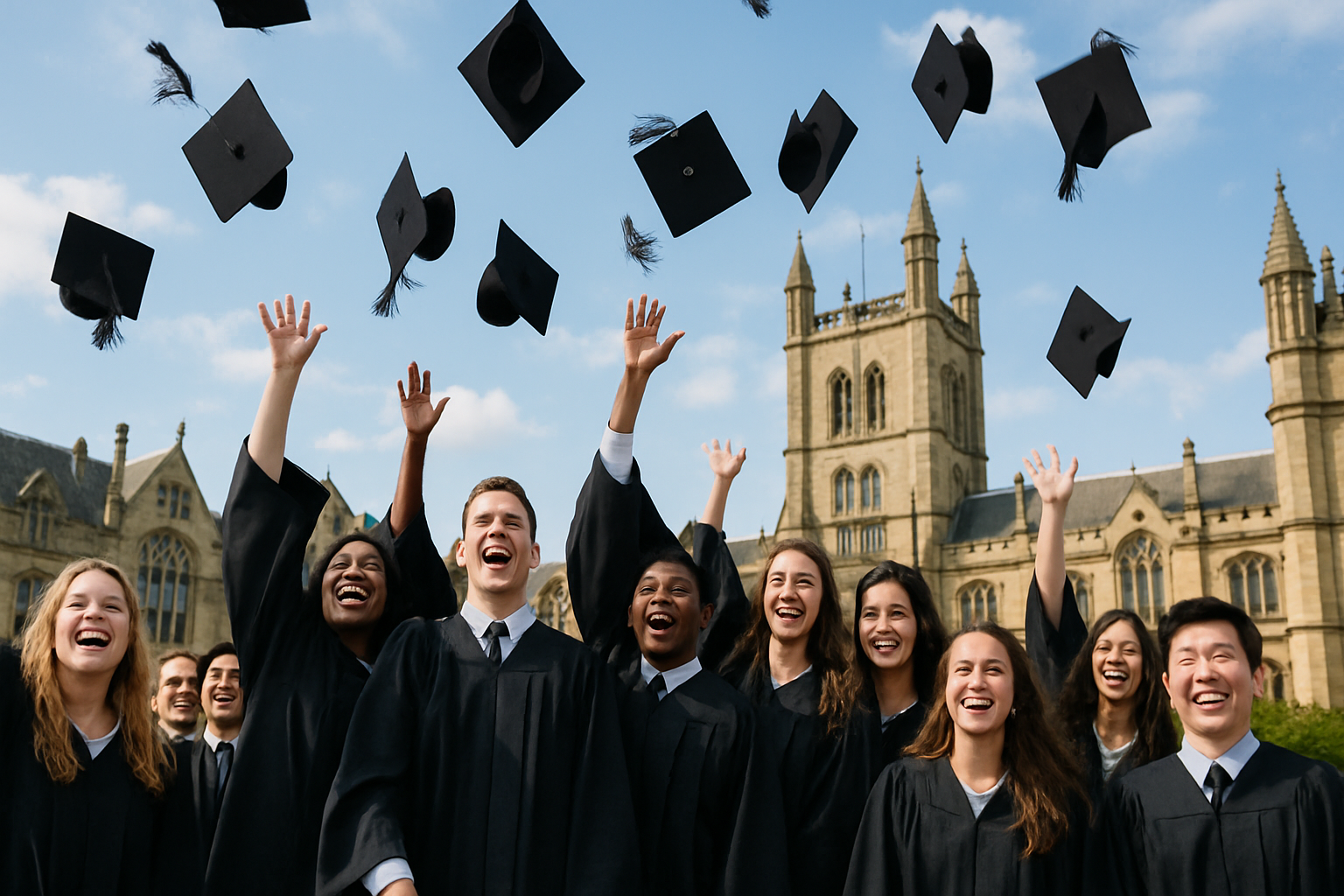卒業式でガウンを着用し、喜びと達成感に満ちた笑顔の学生たちが空に角帽を投げている集合写真