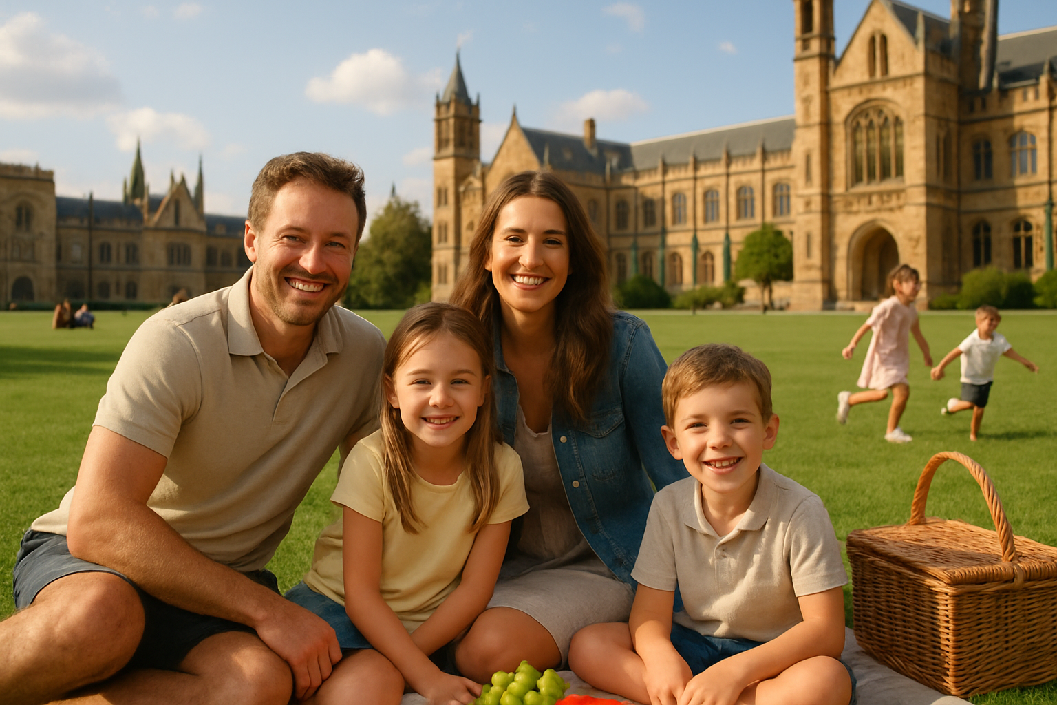 海外の美しい大学キャンパスで、笑顔の駐在員家族がピクニックを楽しんでいる