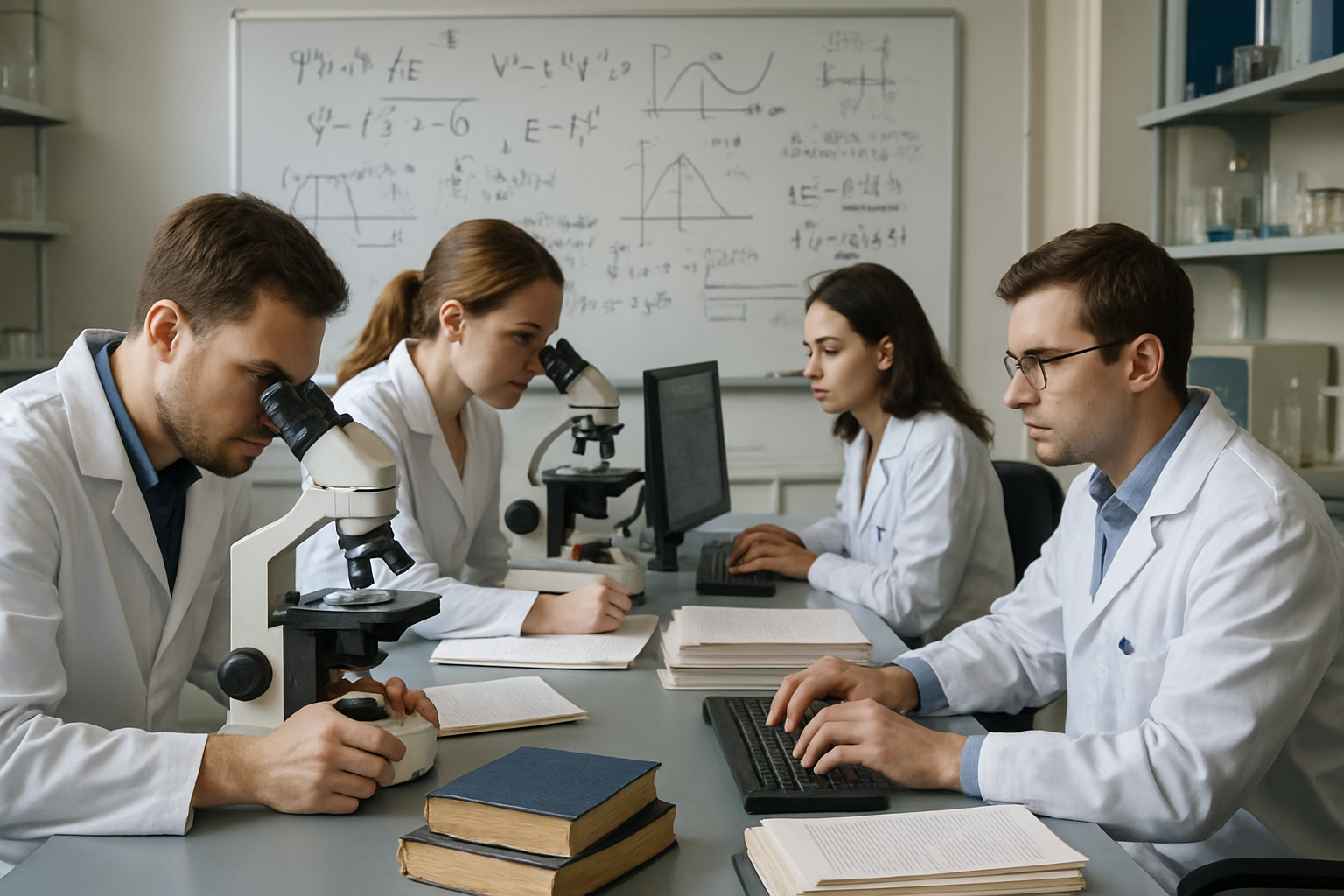 大学の研究室で、白衣を着た男女の研究者たちが真剣な表情で実験器具を操作したり、顕微鏡を覗き込んだり、PCでデータ分析を行ったりしている