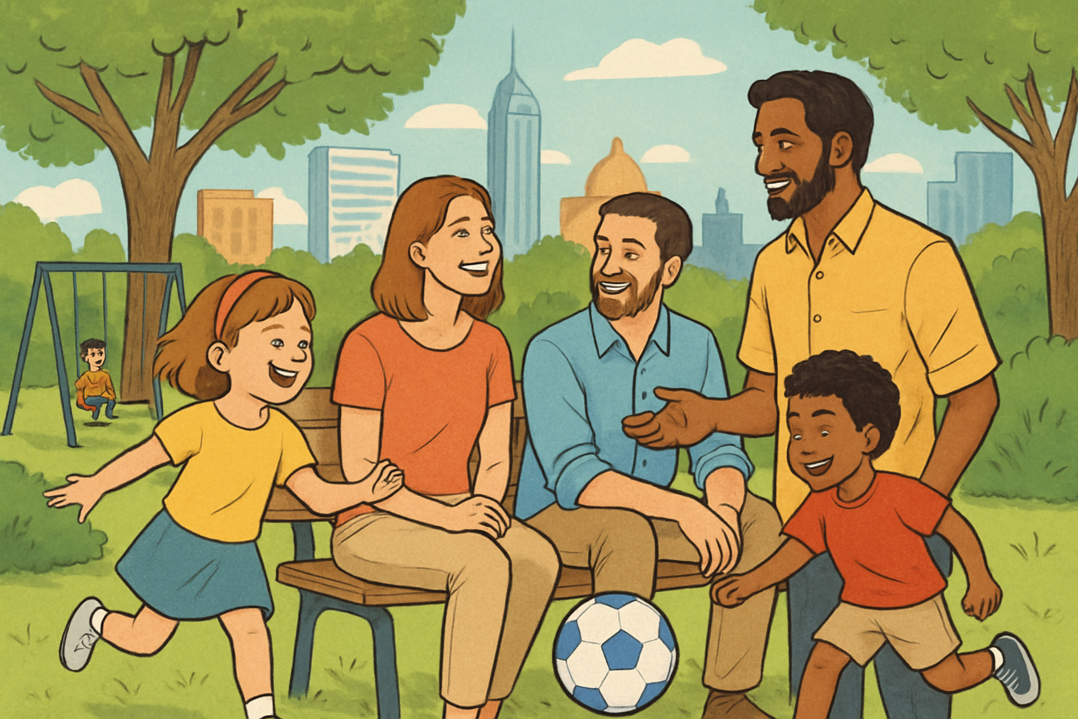 海外の都市で、駐在員家族が異文化交流を楽しみながら、充実した生活を送っている様子