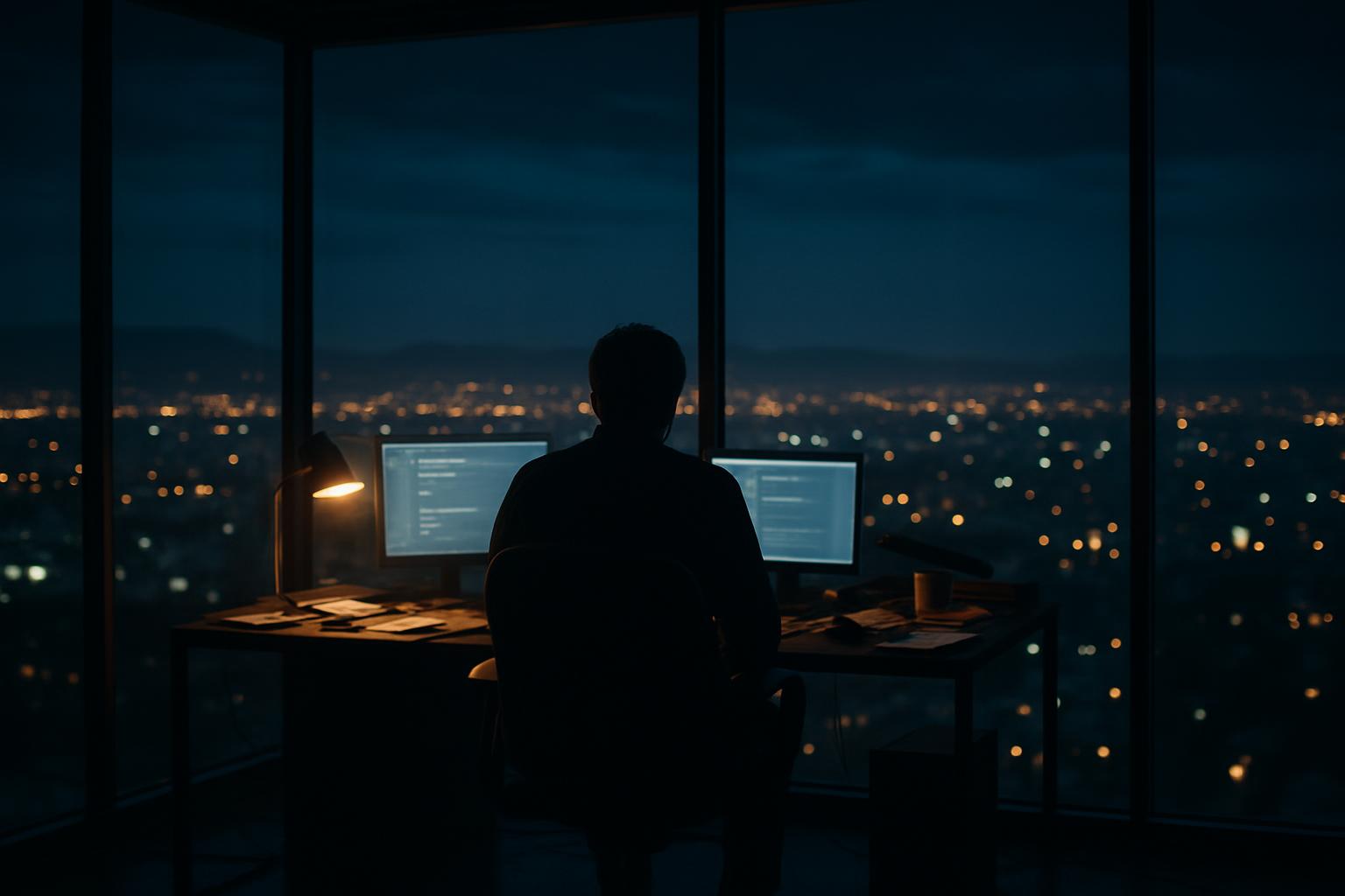 シリコンバレーの夜のオフィスで働く人のシルエット