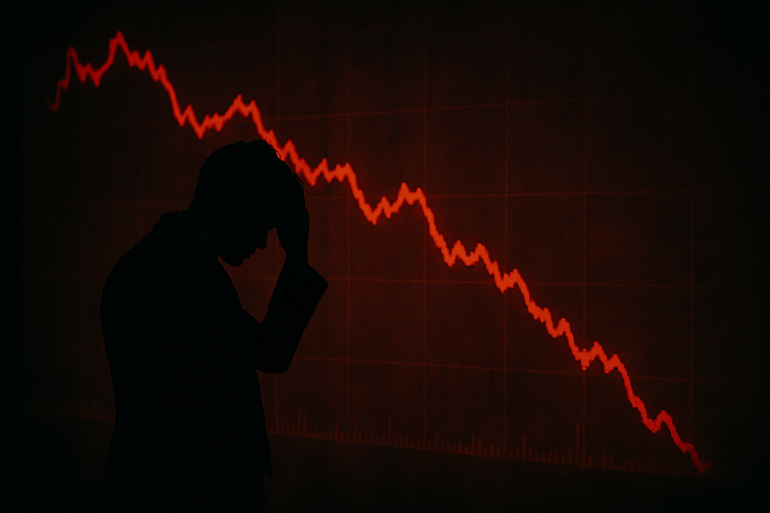 株価暴落を見つめるビジネスマンのシルエット