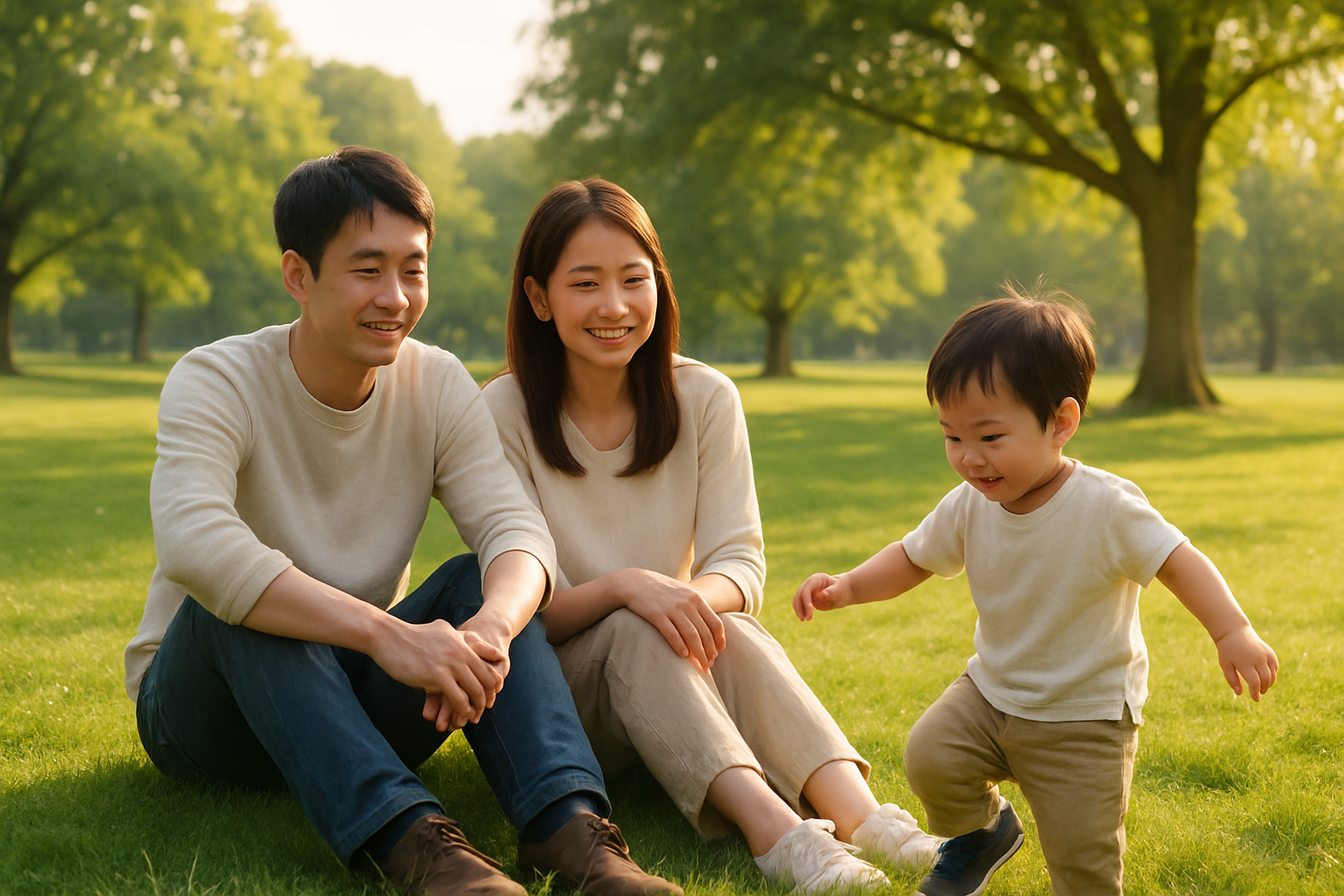 海外の公園で遊ぶ家族の穏やかな写真
