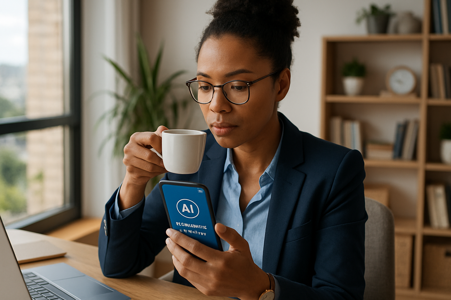 忙しいビジネスパーソンがAI英会話アプリを使うイメージ