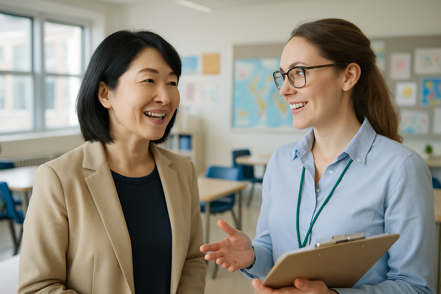 駐在員が学校の先生と英語で話すイメージ