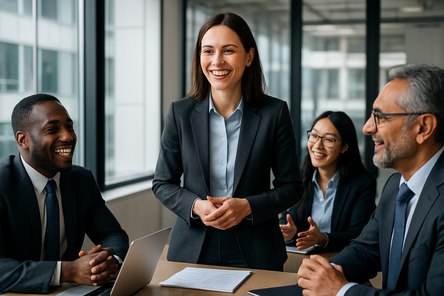 英語学習を達成し、自信に満ちた表情で海外の同僚と話すビジネスパーソンのイメージ