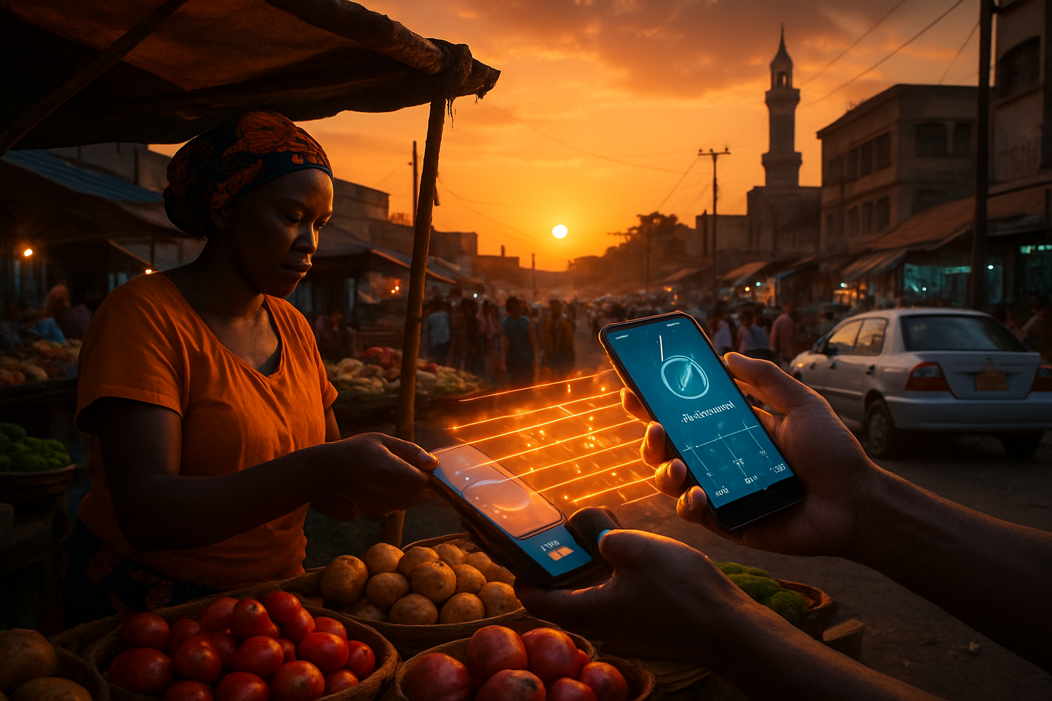 アフリカの伝統的な市場でモバイル決済を行う様子。AI技術が融合した未来的な光が差し込む。