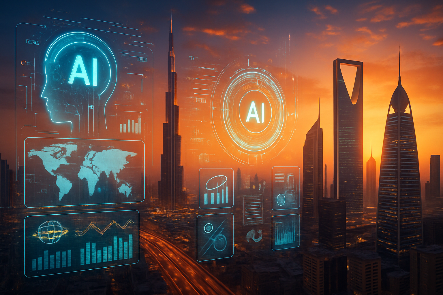 未来的な都市景観とAIのホログラフィックインターフェースの画像