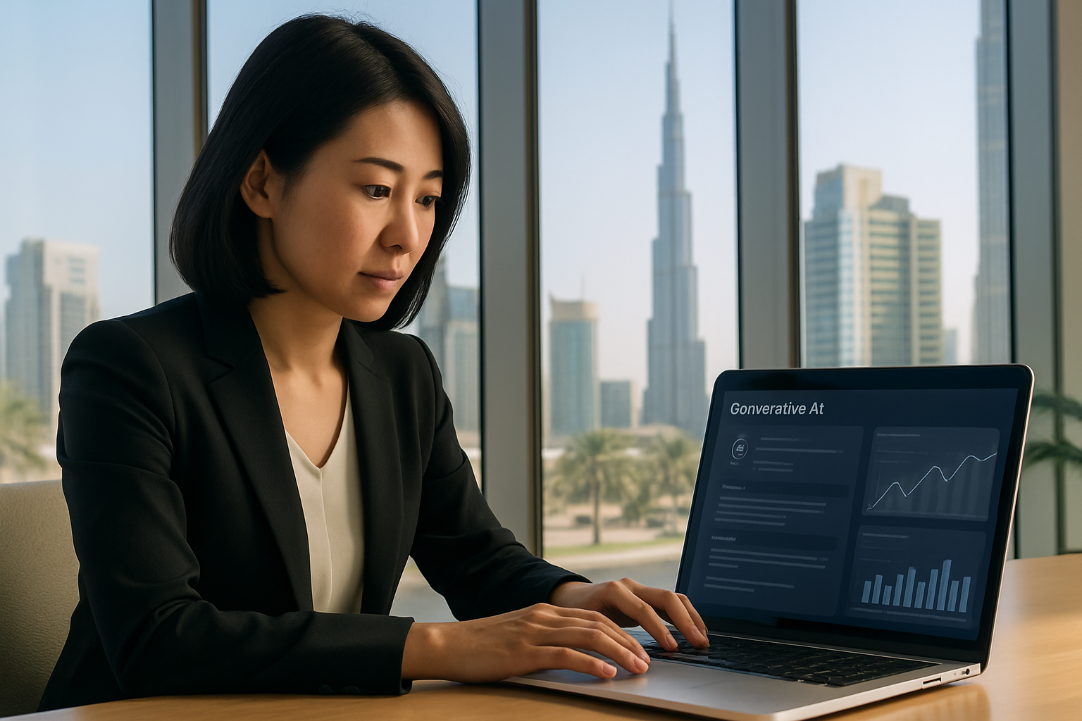 駐在員がPCでAIツールを活用している画像