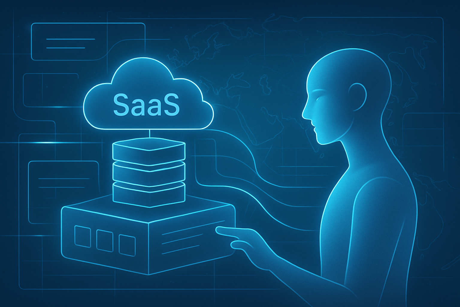 AIとSaaSの未来的な共存を象徴するイメージ