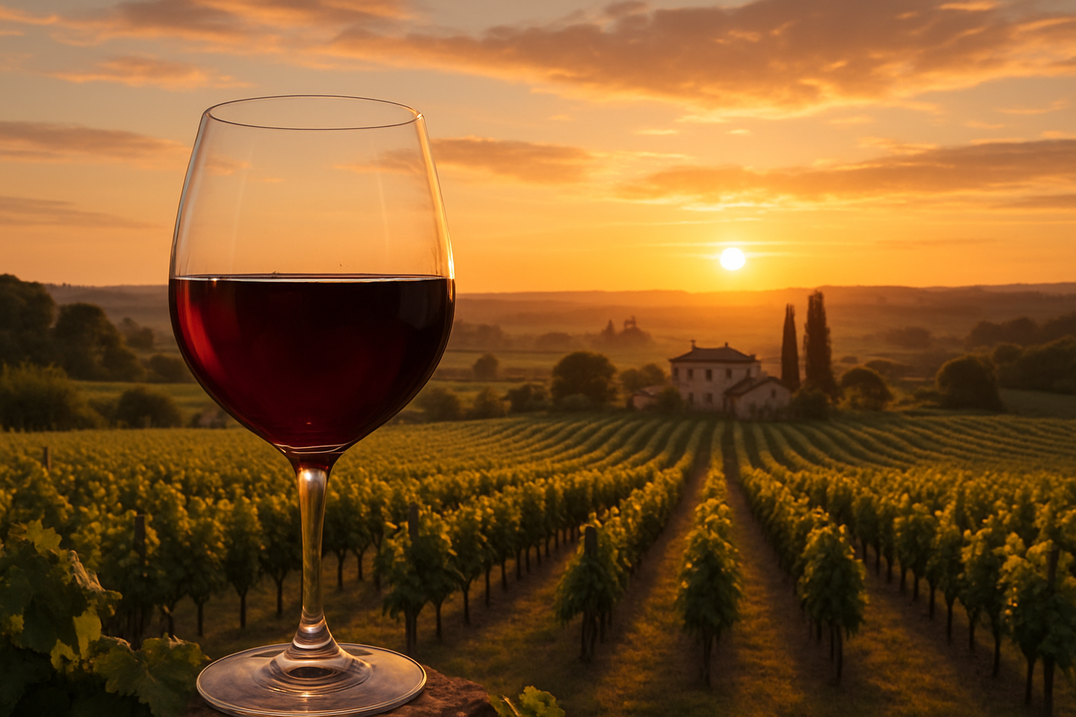 フランスのブドウ畑とワイングラス