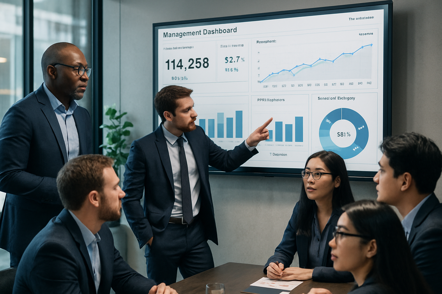 管理会計のイメージ:会議でダッシュボードを見るビジネスパーソンの画像