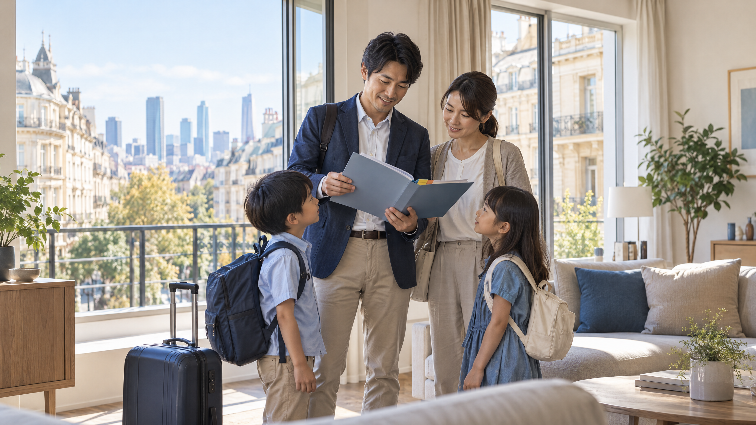海外赴任の住居と子どもの教育費を確認する家族